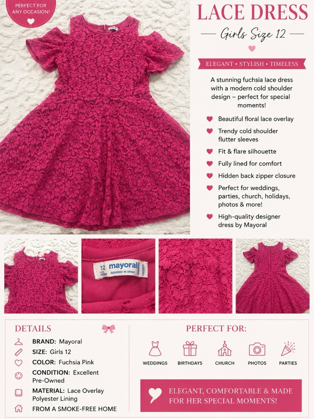 Mayoral Fuchsia Floral Lace Cold-Shoulder Dress
